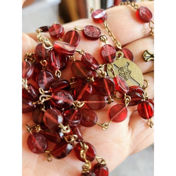 Vintage Red Glass Rosary Necklace – Bronze Cross & Medal - Picture 8 of 10